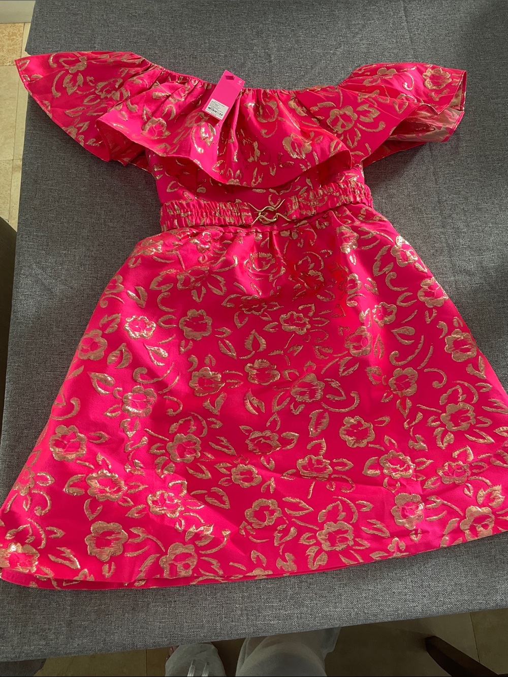 Lilly Pulitzer Hot Pink One-Shoulder Ruffle Dress with Gold Floral